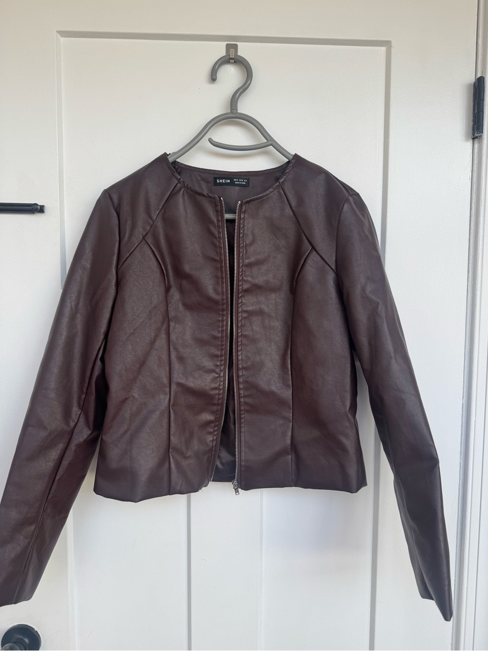 SHEIN Women's Dark Brown Faux Leather Zip-Front Jacket